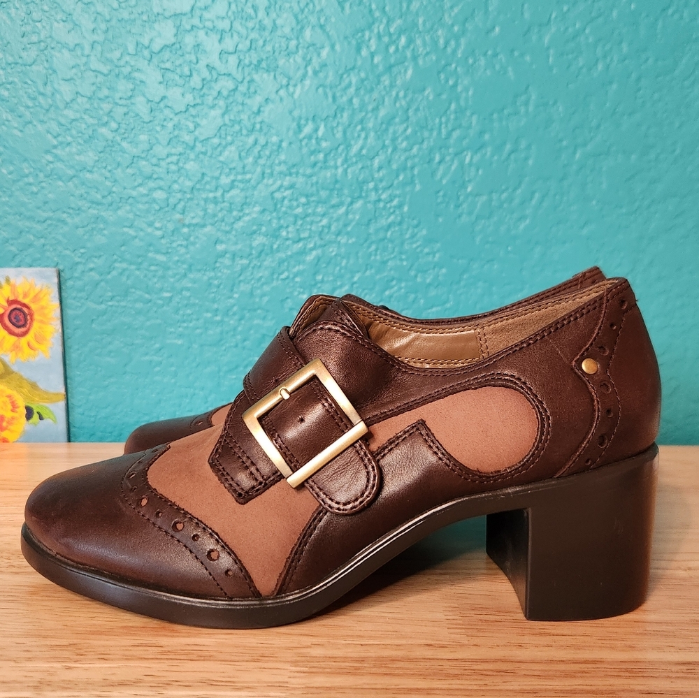 Aerosoles Heelrest Heartfelt Brown Women's‎ Leather Shoes w/ Gold Buckle, Size 7